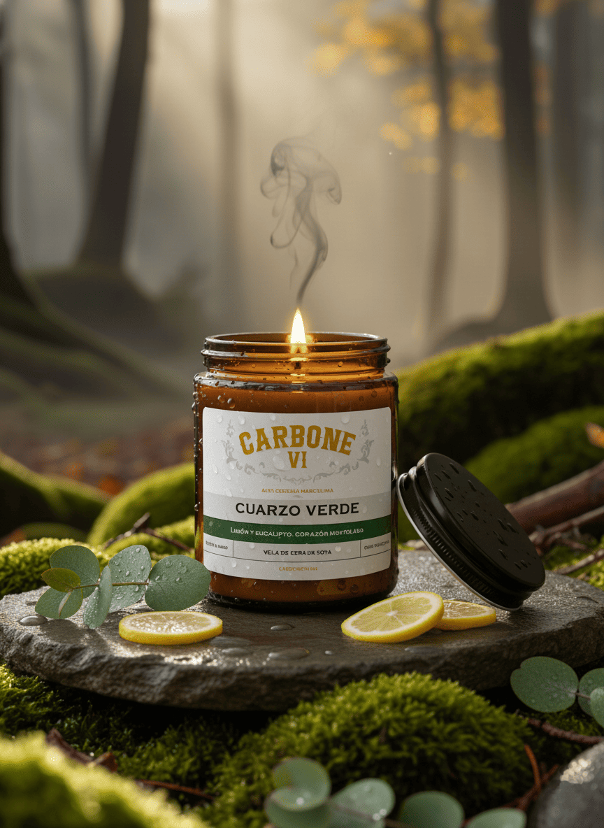 Vela ámbar Cuarzo Verde encendida — Carbone VI